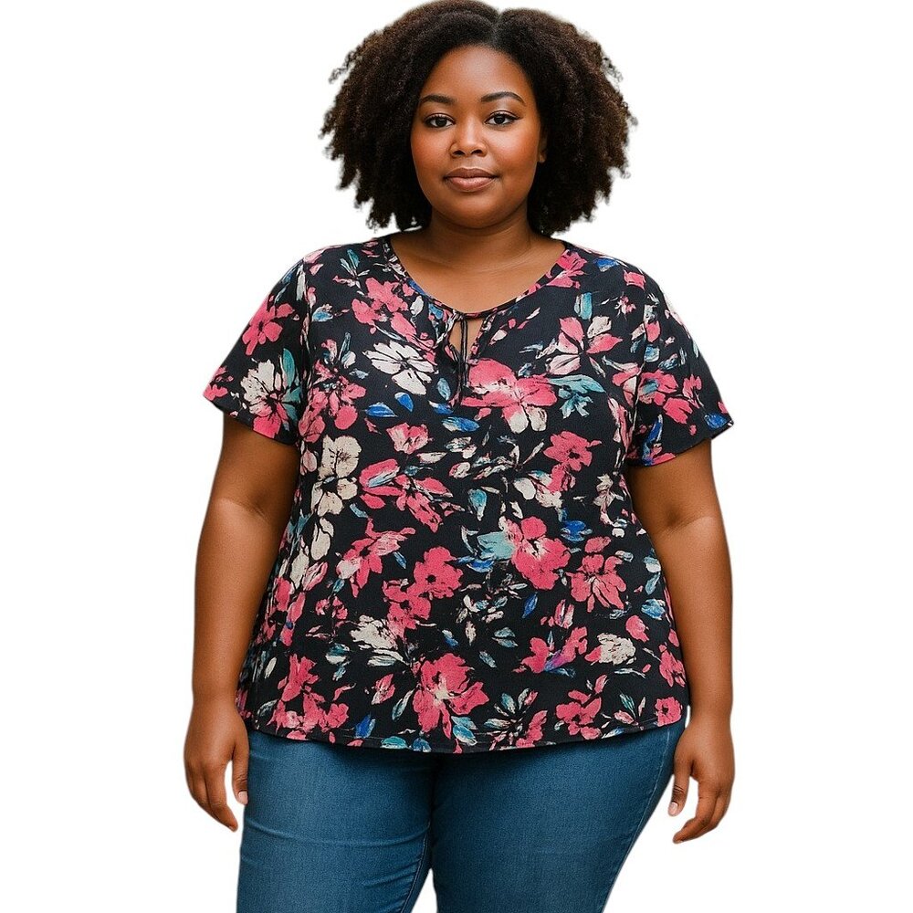 Lane Bryant Womens 22/24 Black Pink Floral Blouse Short Sleeve Plus Size